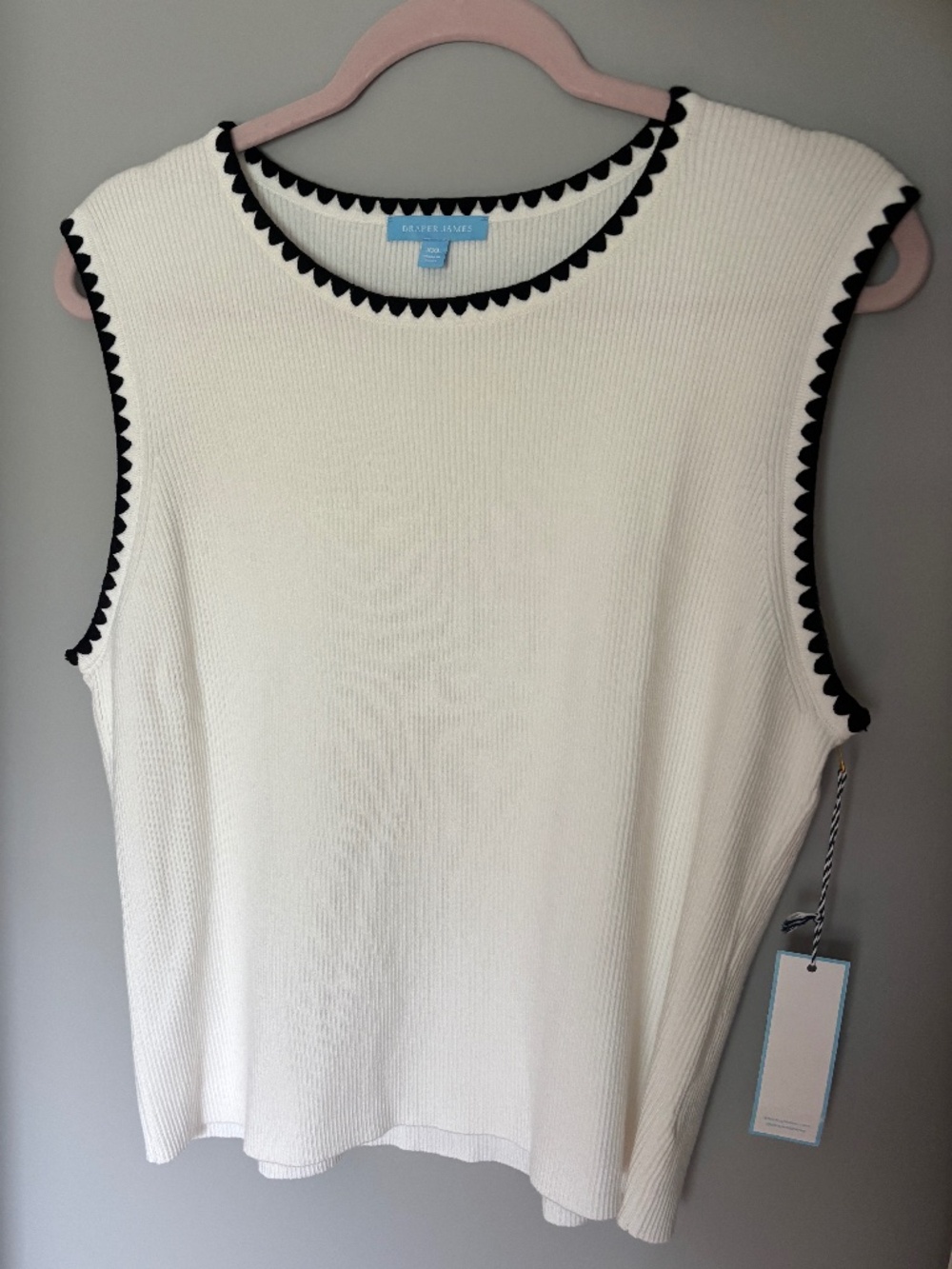 NWT Draper James White Ribbed Tank Top with Black Scalloped Trim